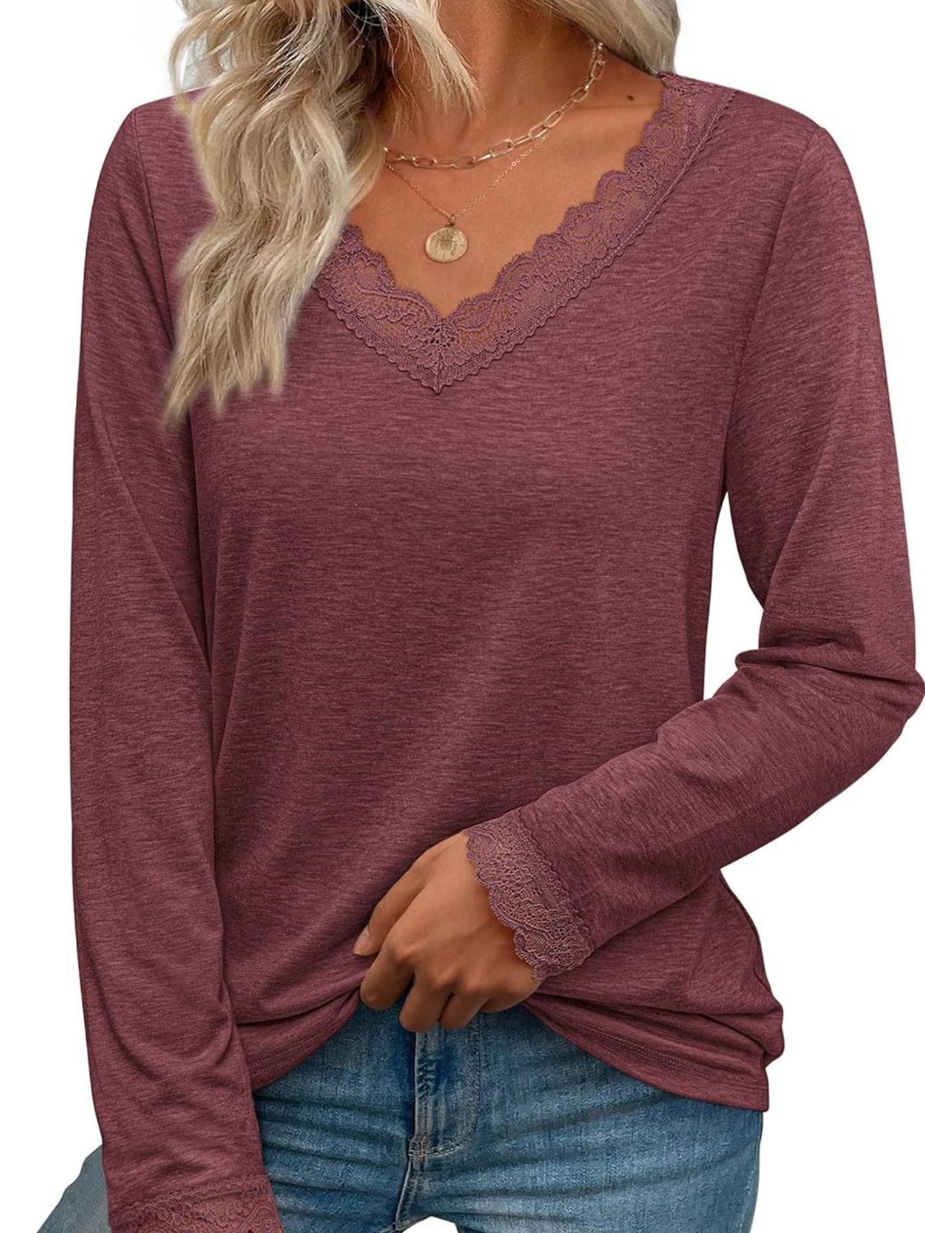 Women's Lace Trim V Neck Long Sleeve Top