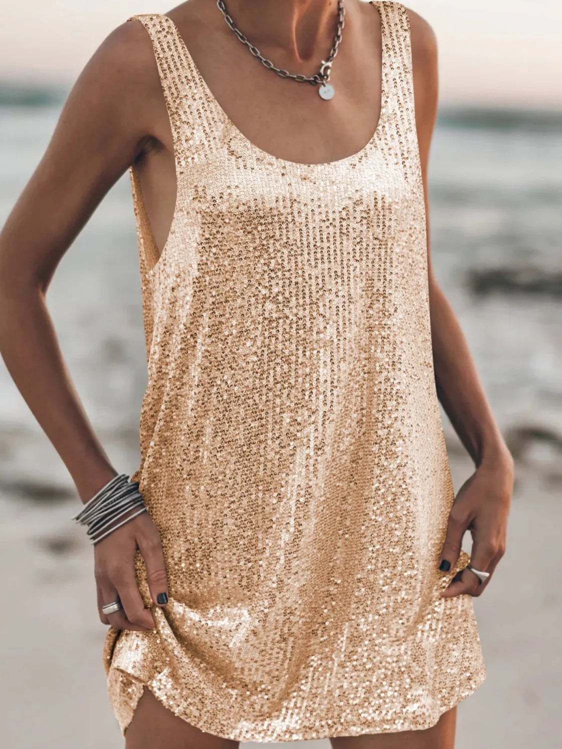 Sequin Scoop Neck Mini Dress