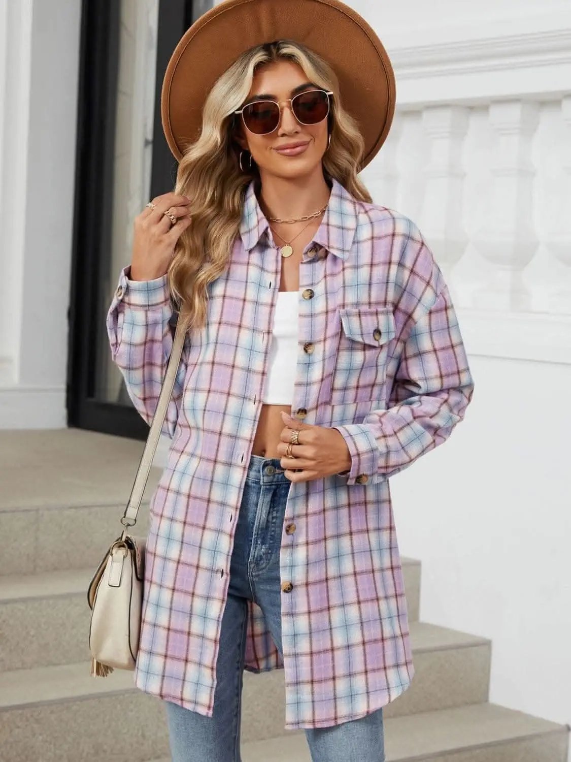 Trendsi Plaid Collared Shirt Long Sleeve — Casual Dusty Pink