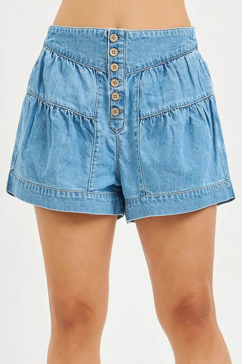 RISEN Elastic Band Blue Slouchy Shorts With Shirred Detail