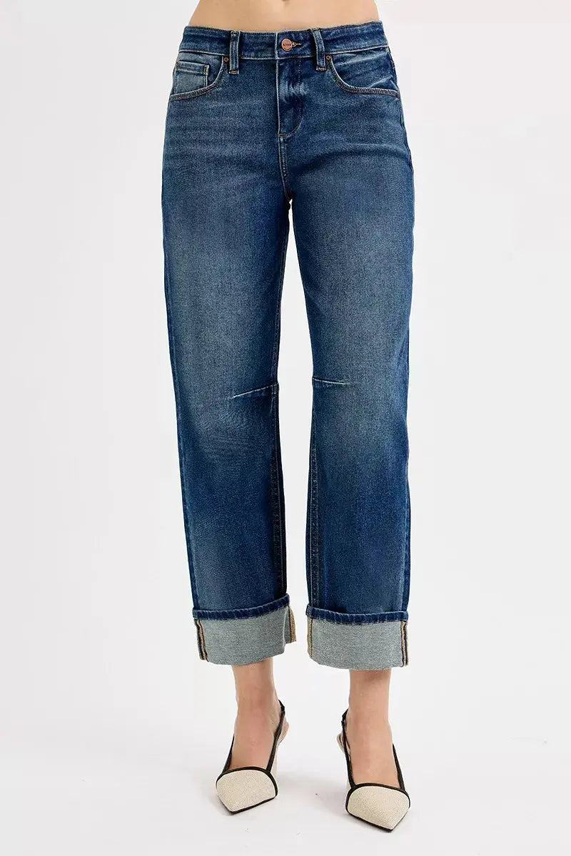 RISEN Jeans - Slouchy Crop Barrel Cuffed Jeans in Dark Wash