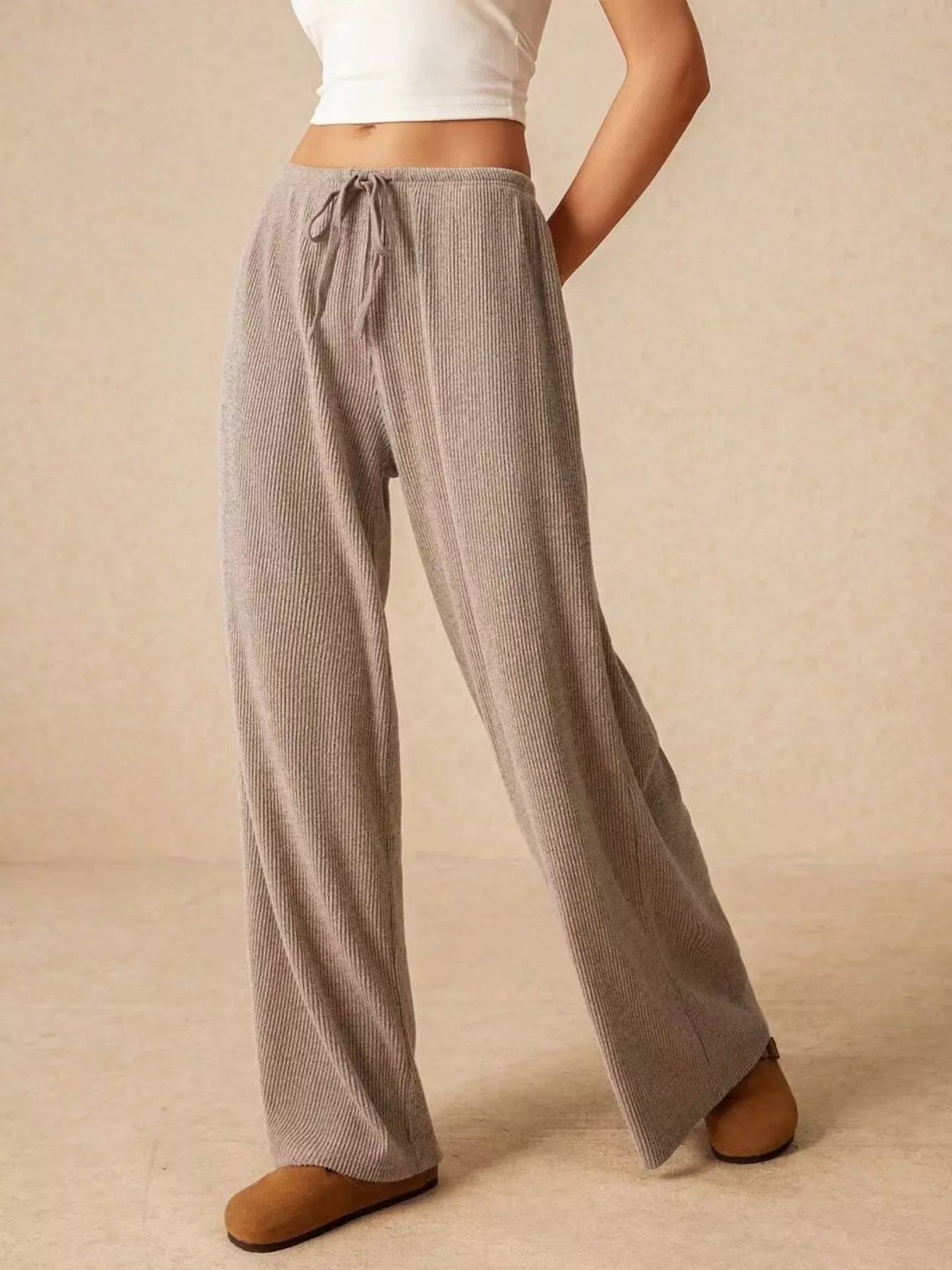 Ribbed Drawstring Wide Leg Pants