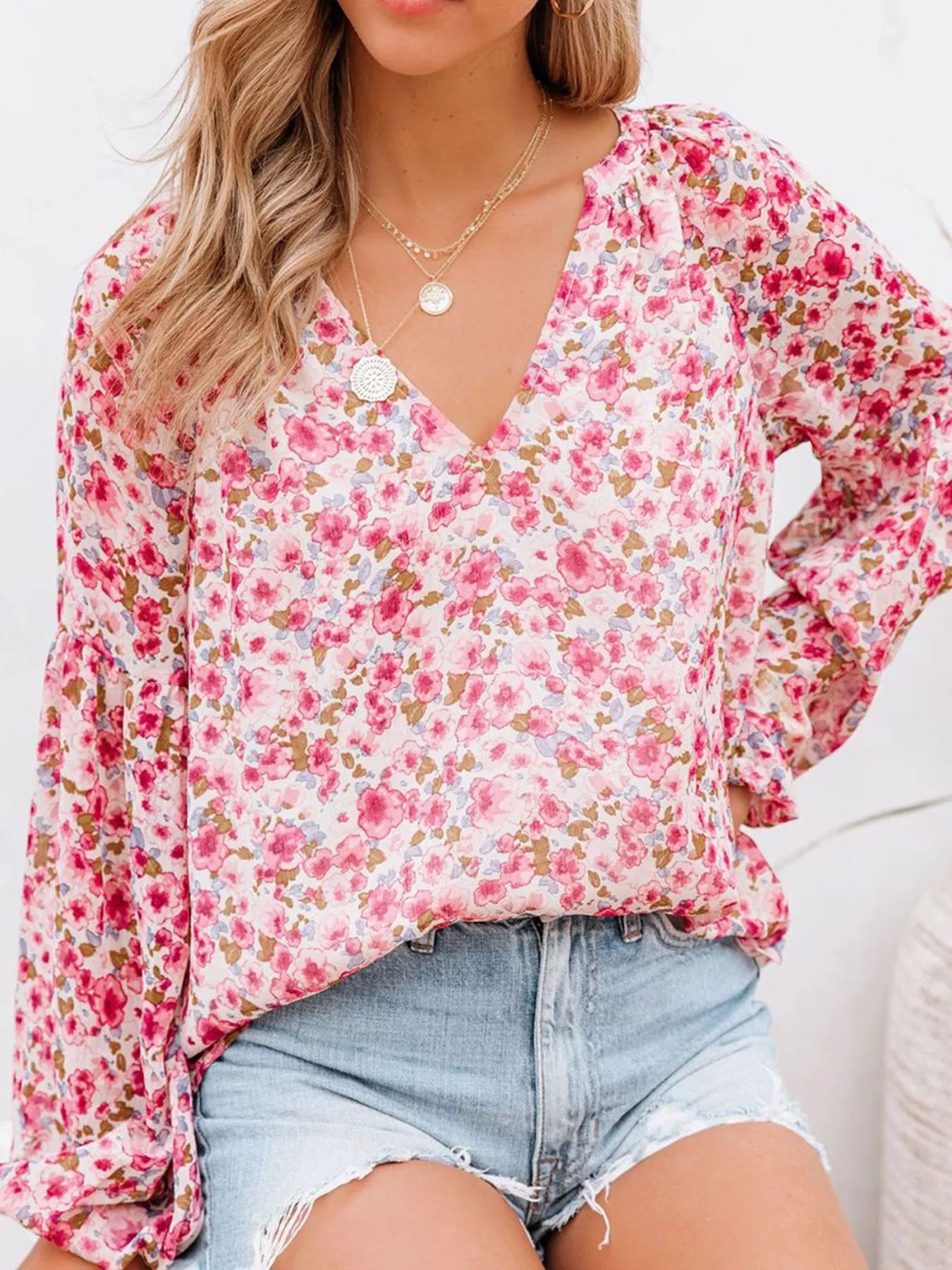 Full Size Floral Print V Neck Long Sleeve Blouse