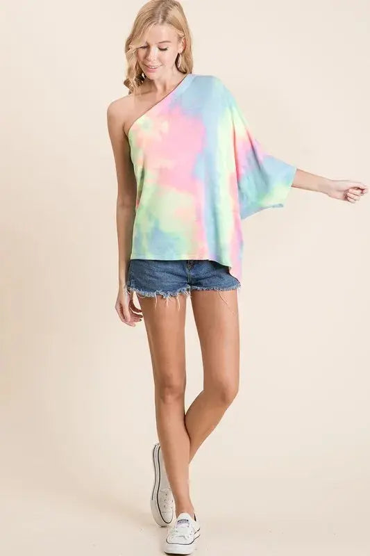 Women's One Shoulder Tee Tee - Tie Dye One Shoulder - Casual Soft French Terry