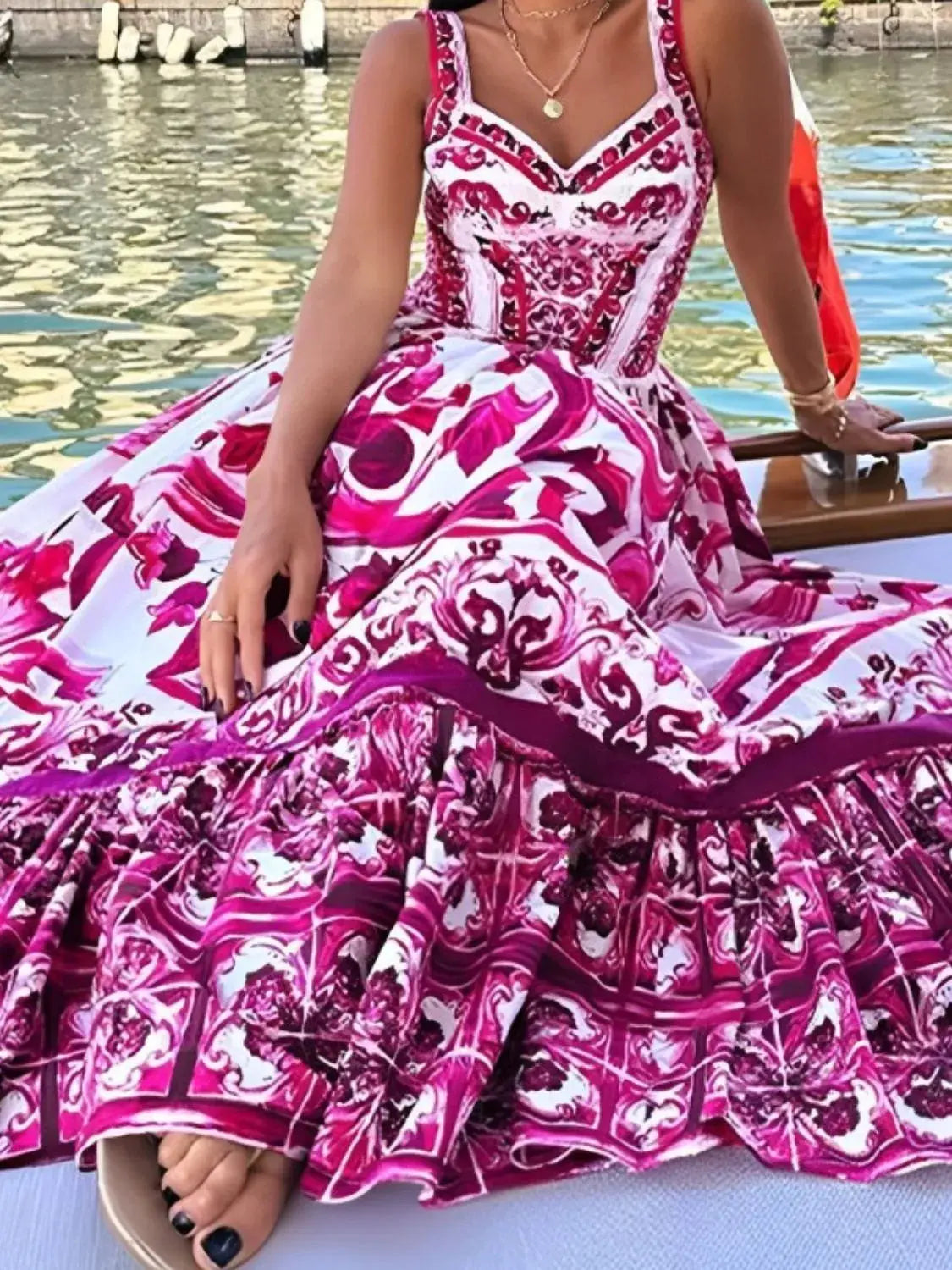 Smocked Blue Tile Print Wide Strap Midi Dress