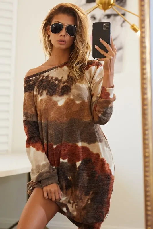 Rust/Olive Color Tie Dye Print Knit Dress with Side Pocket