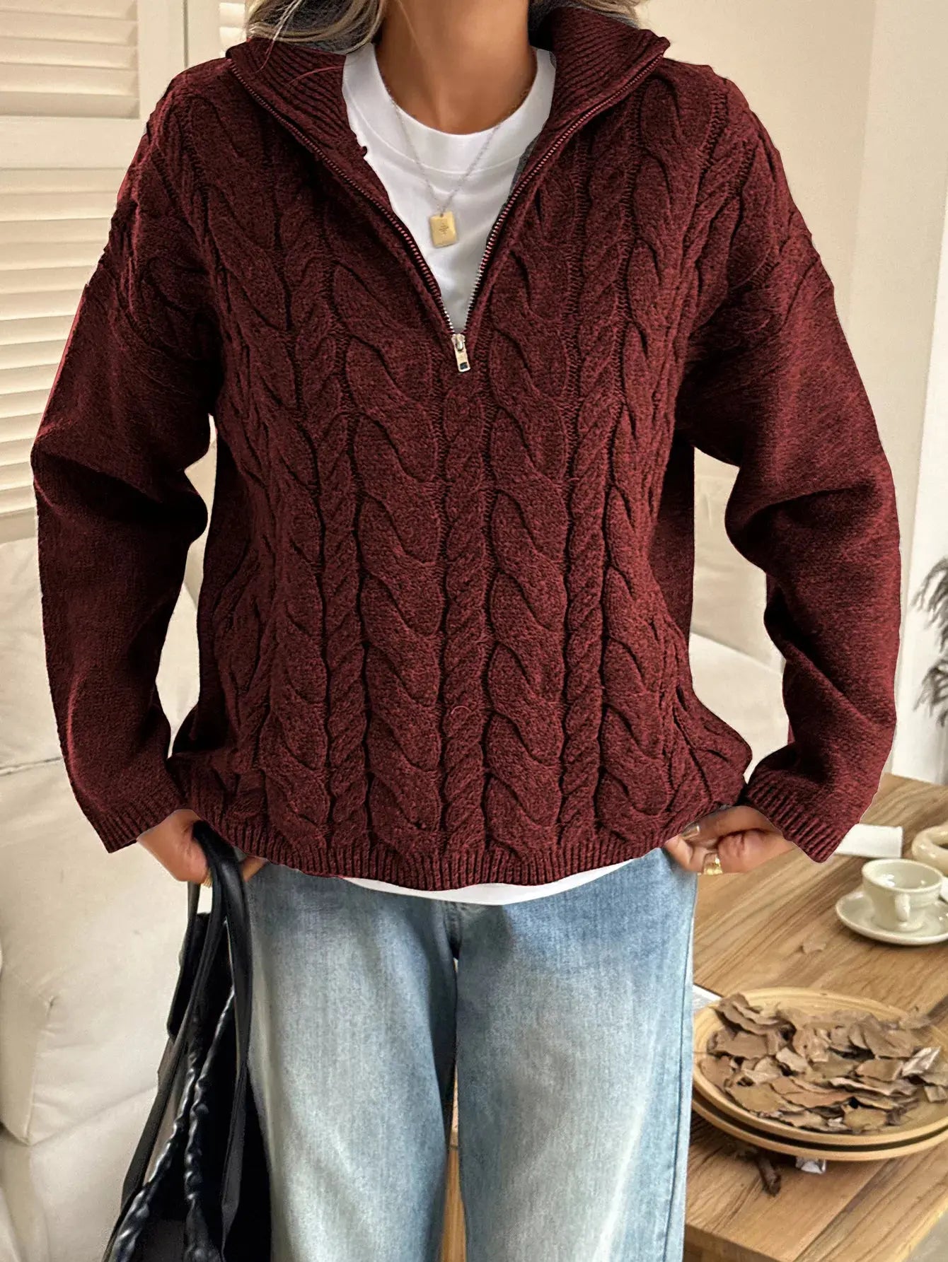 Zip Collar Cable Knit Sweater
