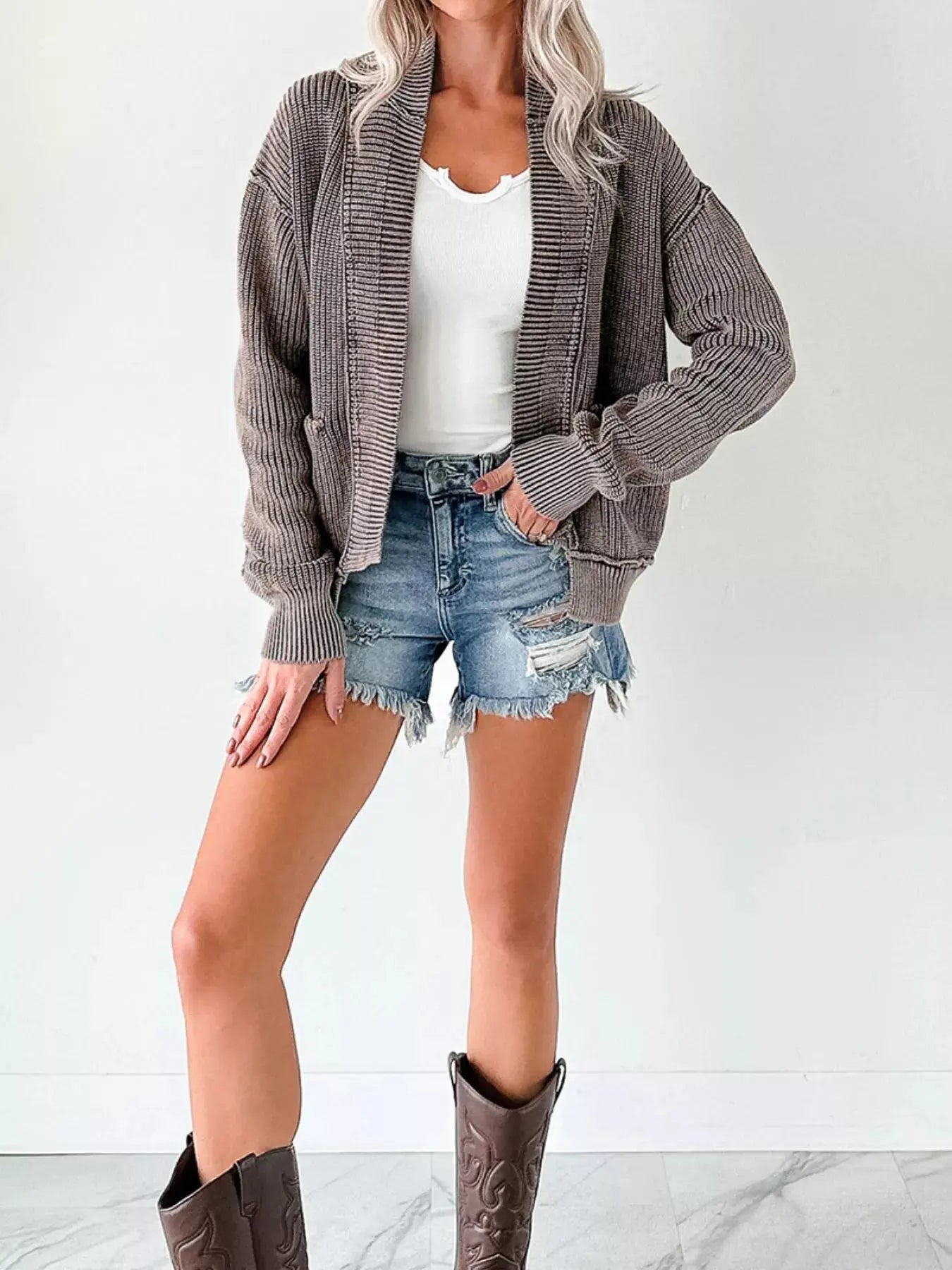 Mineral Wash Exposed Seam Patchwork Open Knit Cardigan