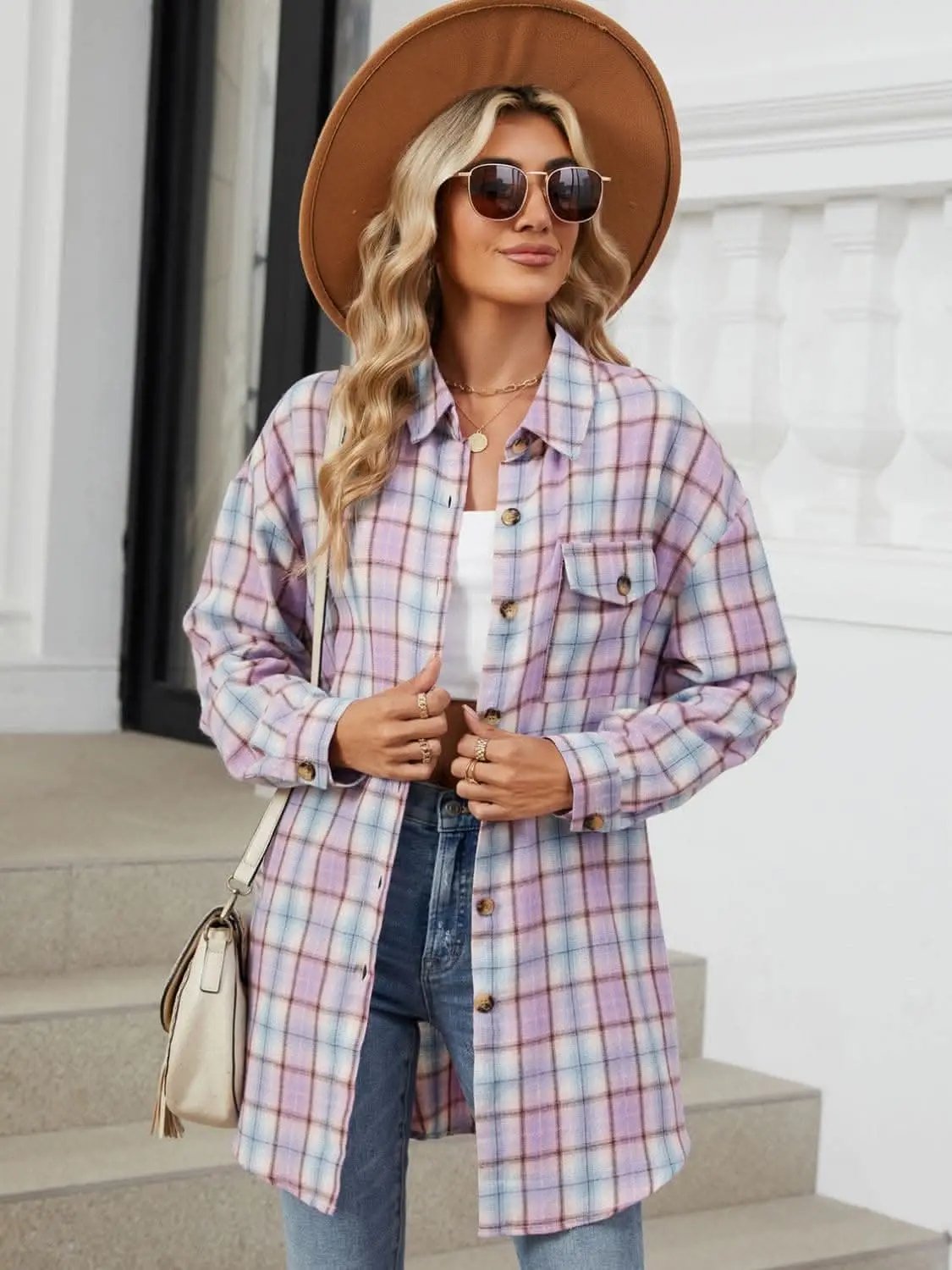 Trendsi Plaid Collared Shirt Long Sleeve — Casual Dusty Pink