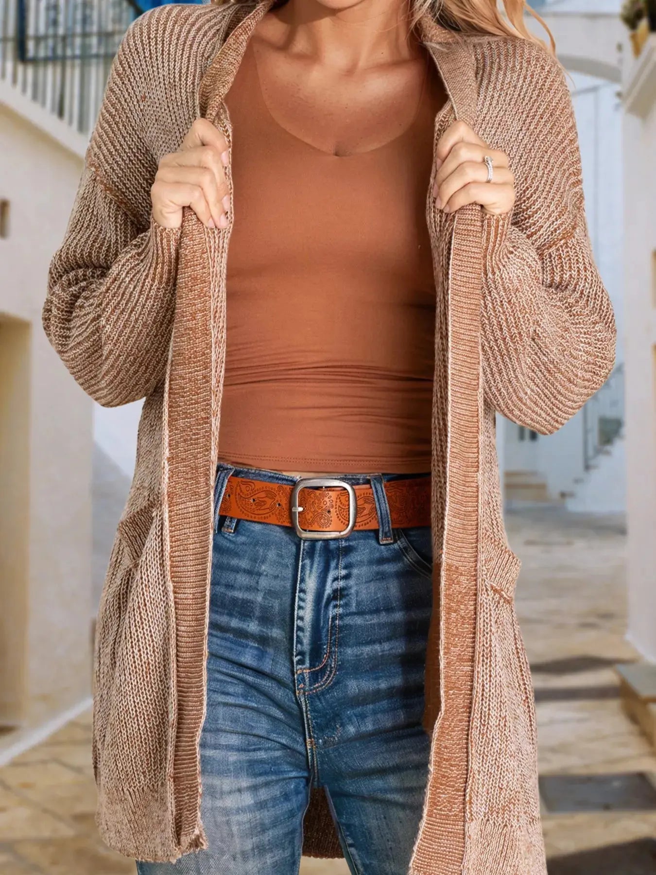 Open Front Dropped Shoulder Cardigan with Pockets