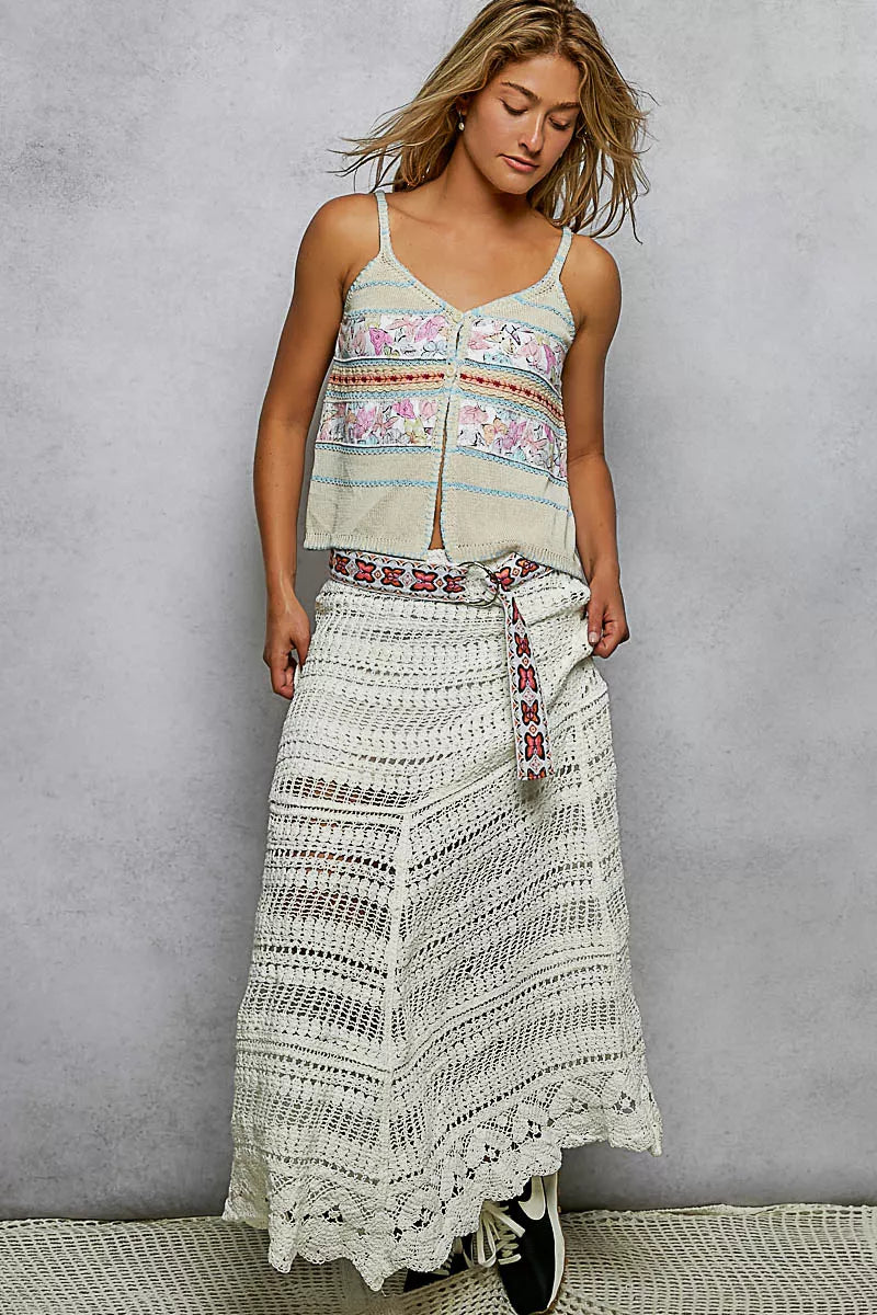 Printed Buttoned Cami with Trim Detail, Blanket Stitch