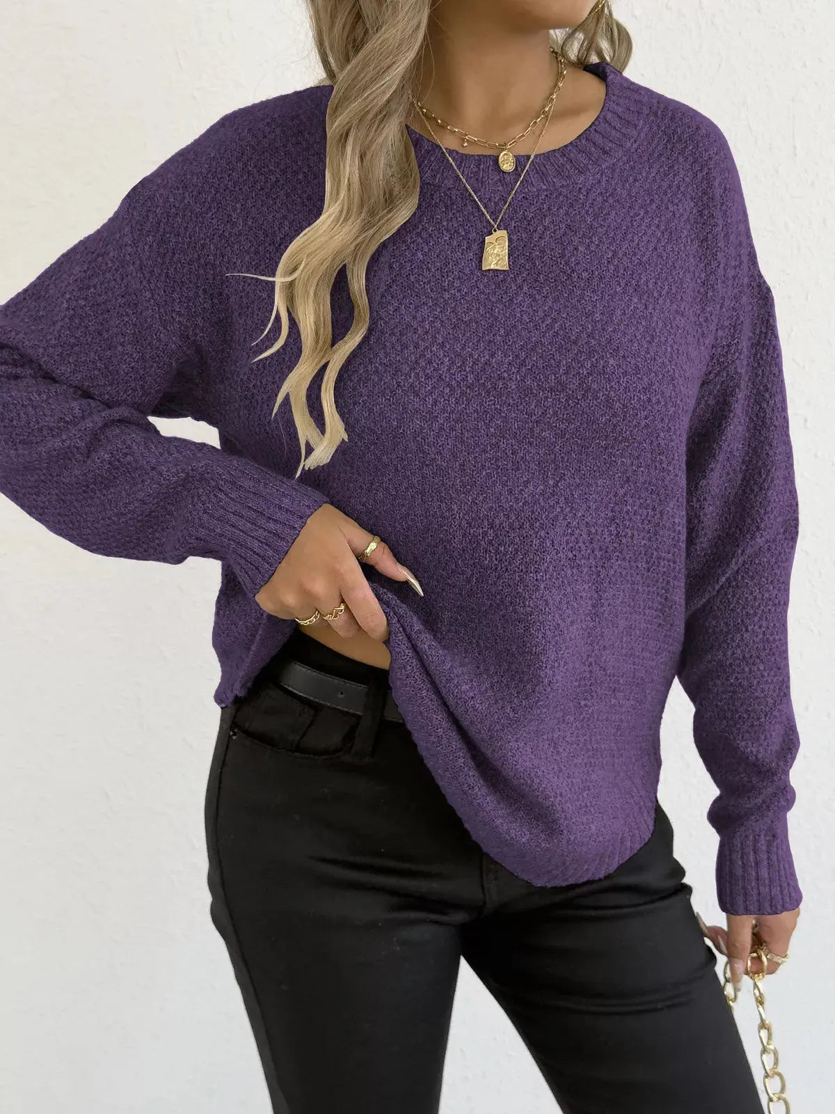 Round Neck Textured Knit Relaxed Fit Sweater