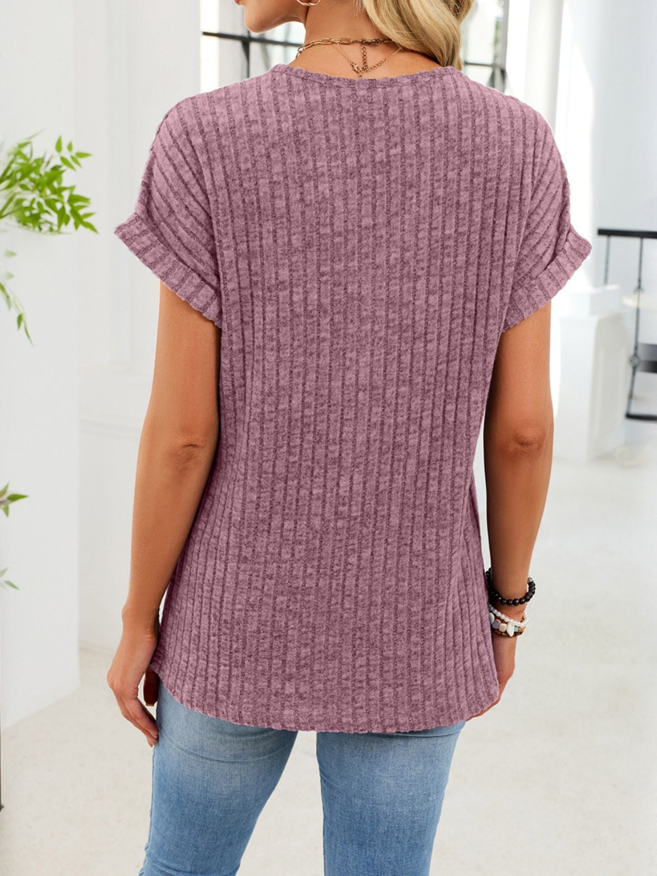 V Neck Ribbed Knit T Shirt