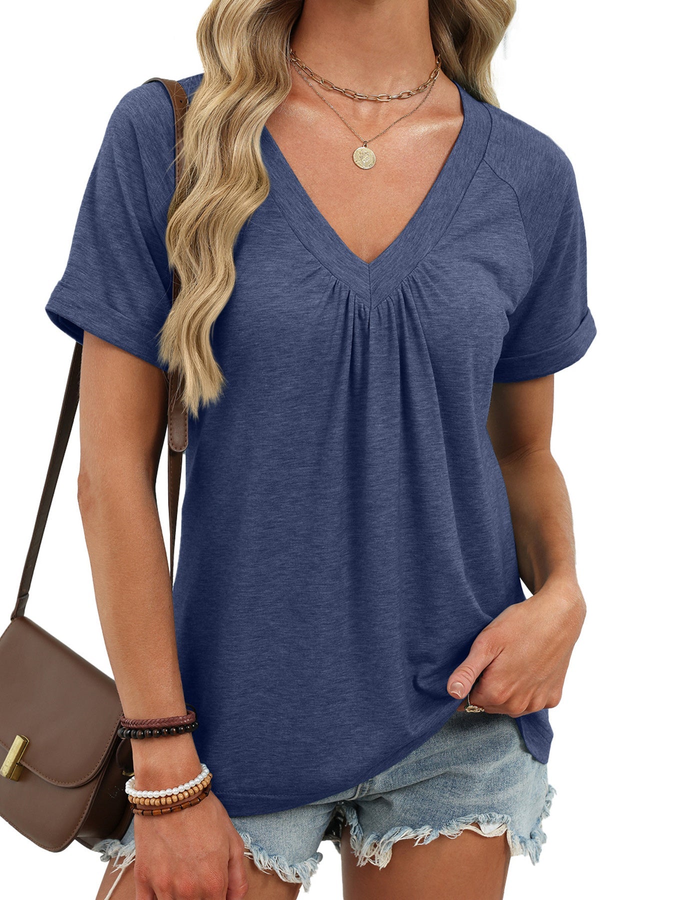 Women's Casual Ruched V Neck Short Sleeve T Shirt