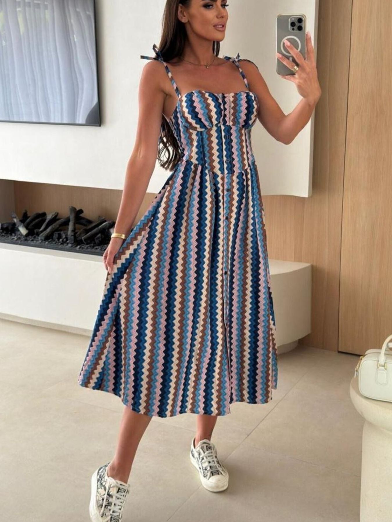 Striped Tie Shoulder Midi Dress