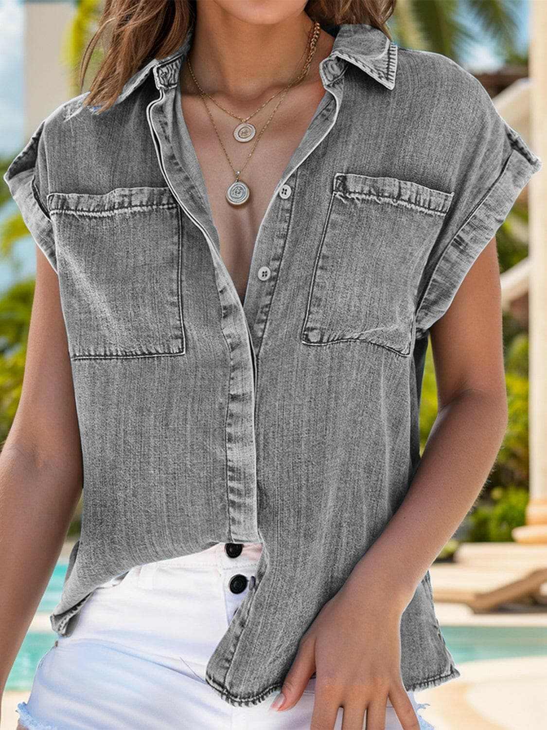 Accessories Trendsi Premium Chic denim collared top, cap sleeves