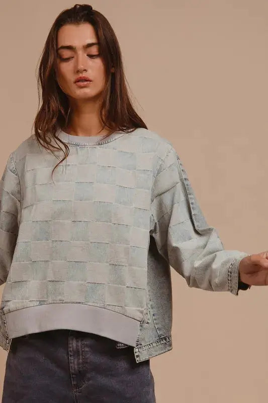 Women's Denim Top Denim Top - Mineral Washed Checkered - Casual Round Neck