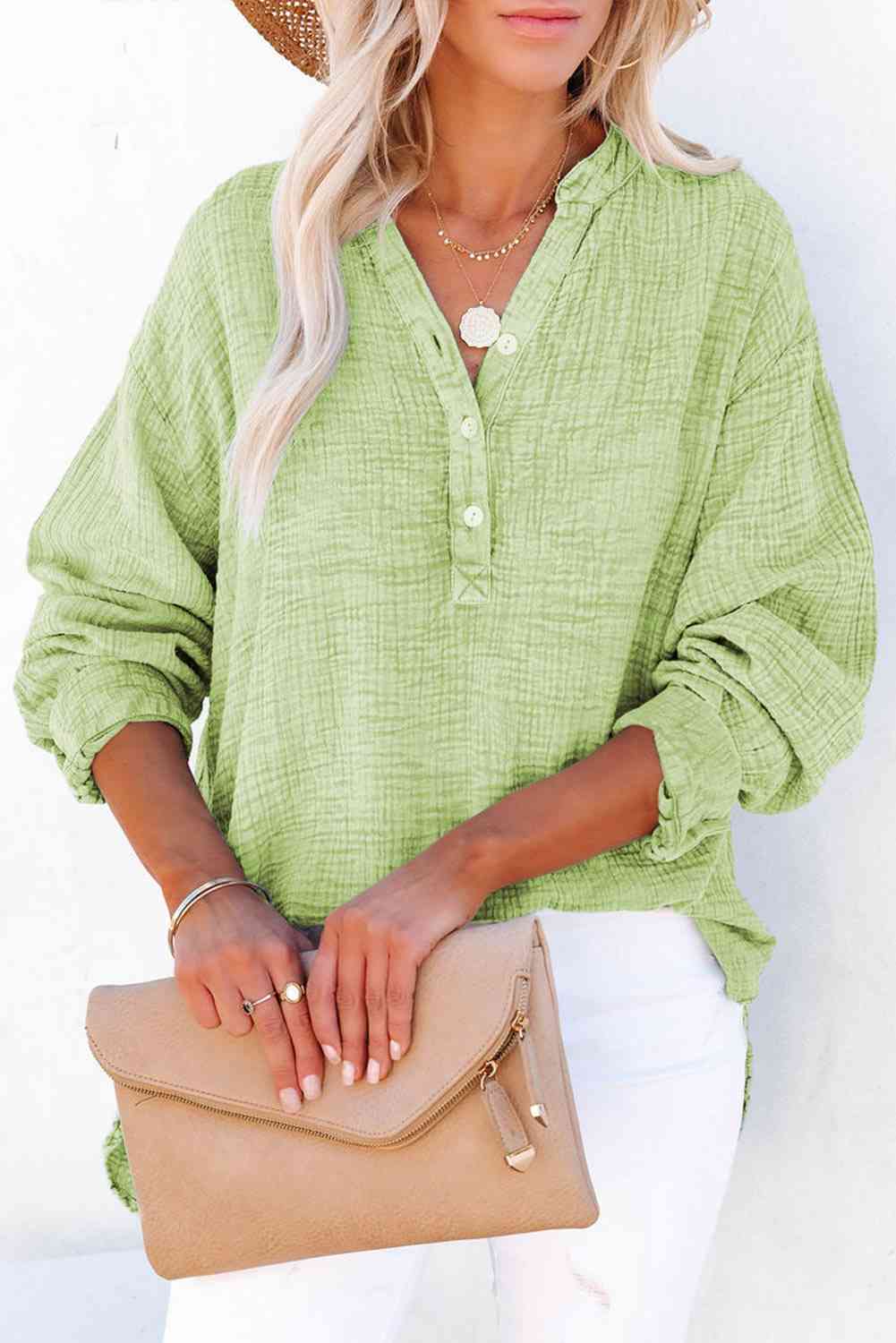 Women's Textured Cotton Buttoned Long Sleeve Blouse