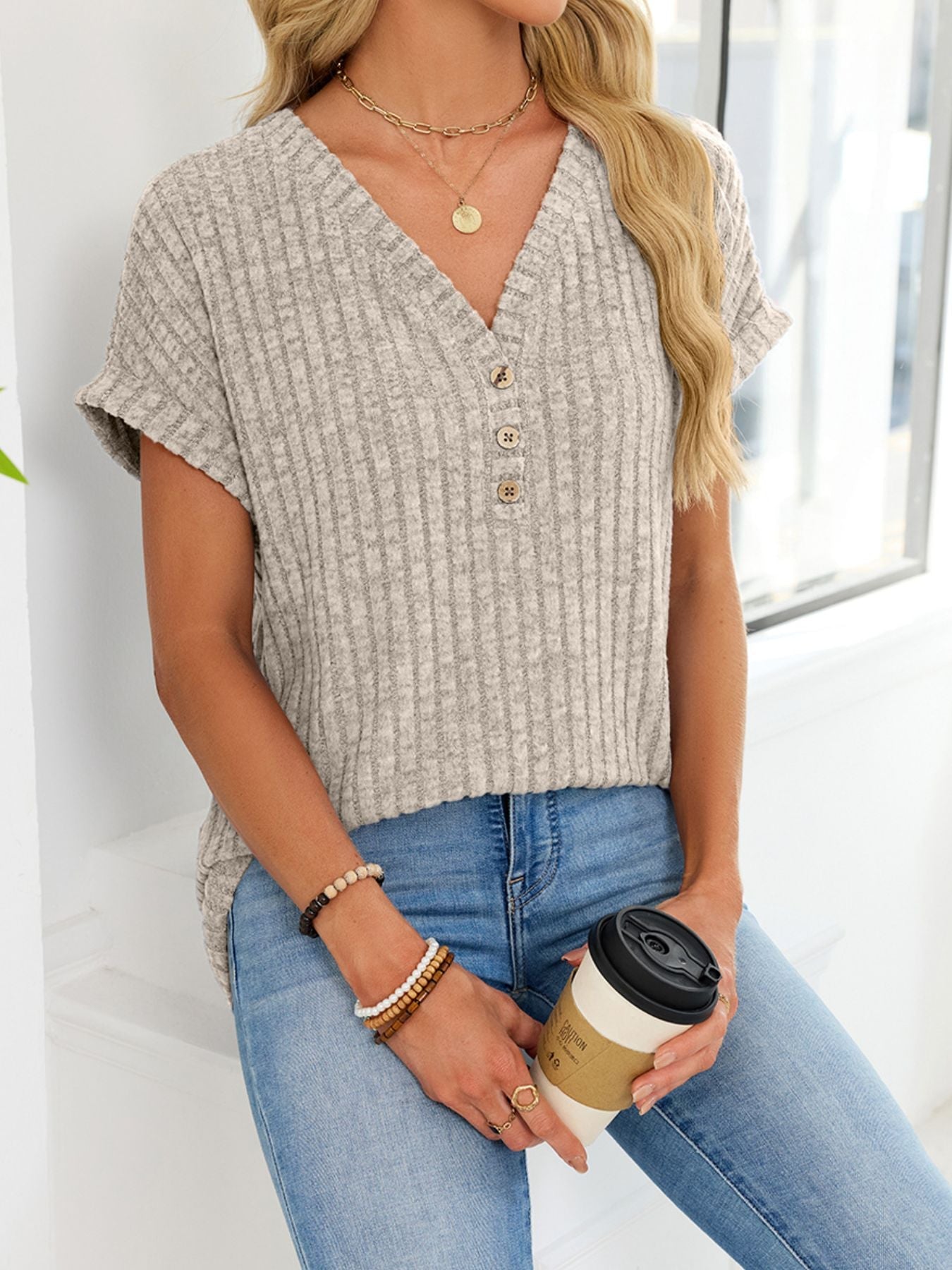 V Neck Ribbed Knit T Shirt