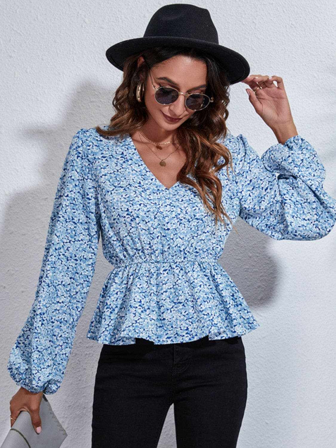 T-Shirts Trendsi Blouses - Floral peplum blouse with V-neck - Premium Quality