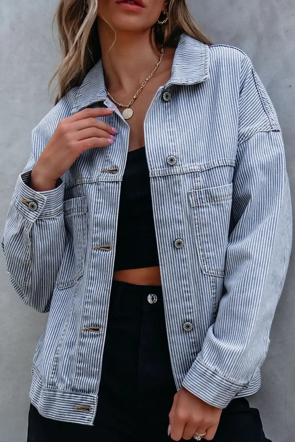 Shirts Love Salve Sky Blue Denim Jacket Women's Casual Oversized Pocketed Vintage