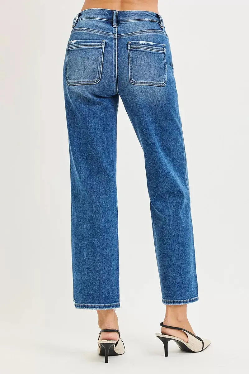 RISEN Jeans - High Rise Ankle Straight Distressed Hem Detail Jeans