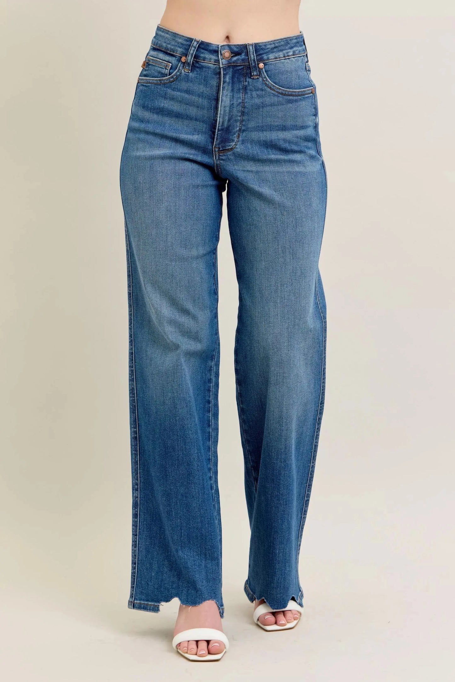 Judy Blue Full Size High Waist Tummy Control Destroy Wide Leg Jeans with Chew Hem
