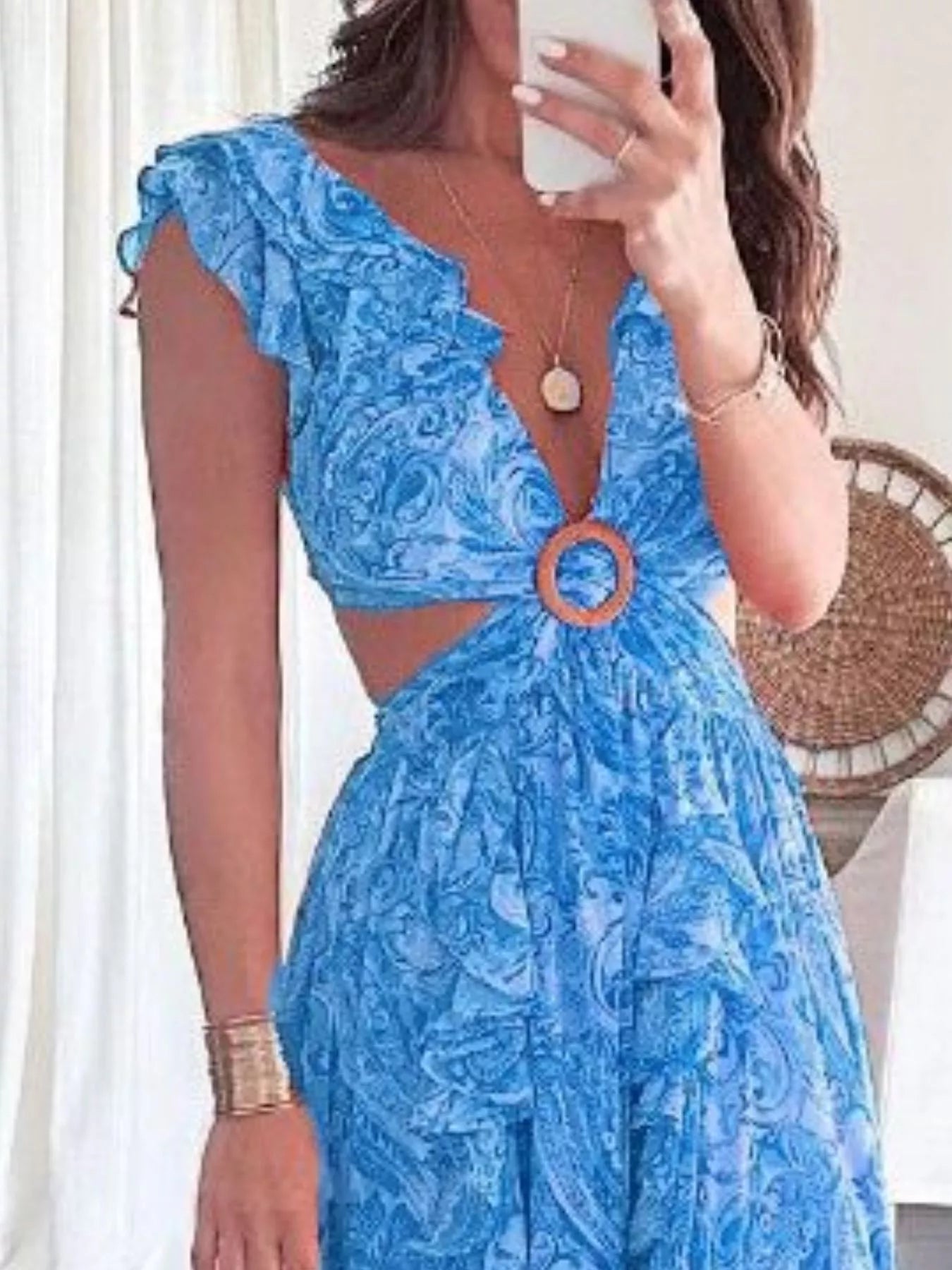 Full Size Ruffled Cutout V Neck Maxi Dress