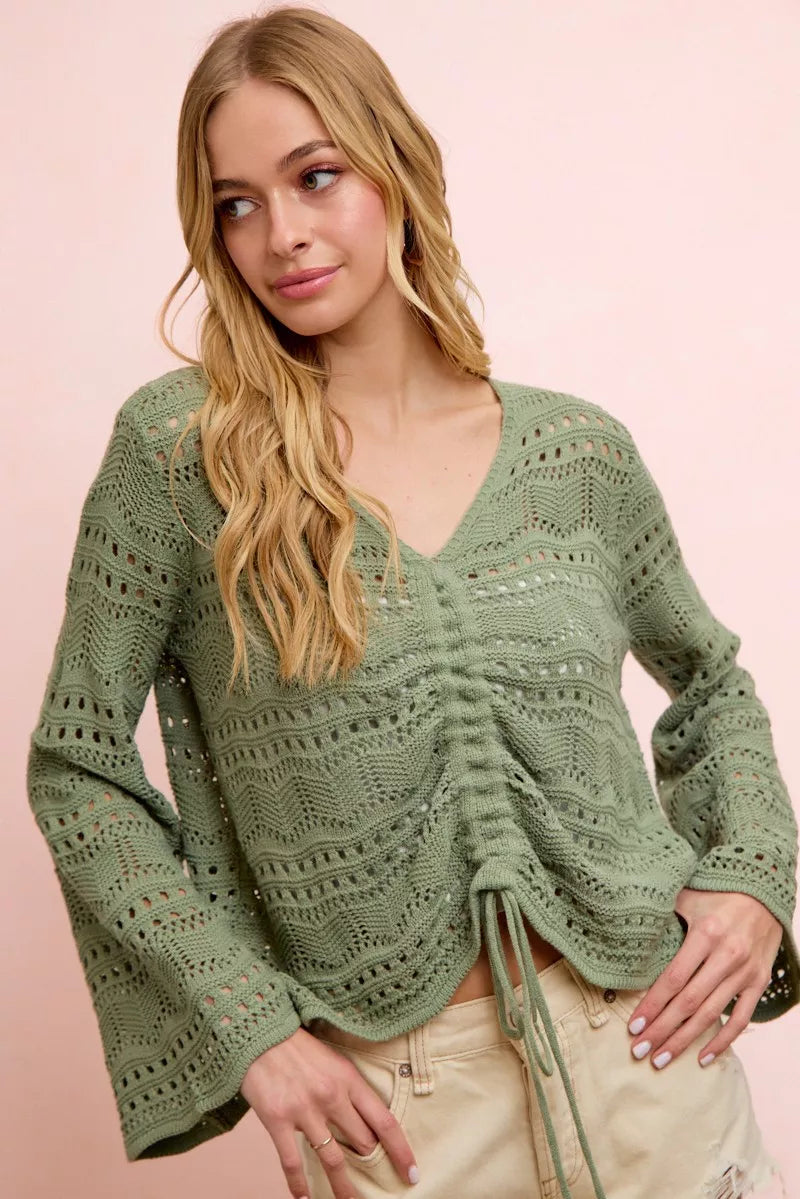 Green Pointelle Knit V Neck Ruched Front Lightweight Top