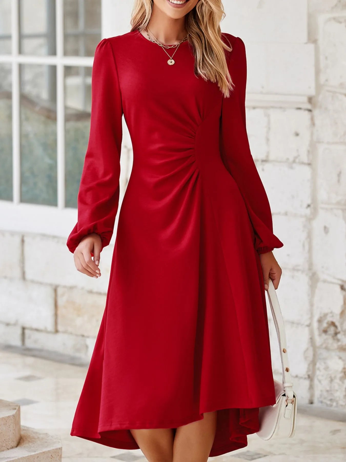 Solid Color Ruched Detail Long Sleeve Midi Dress