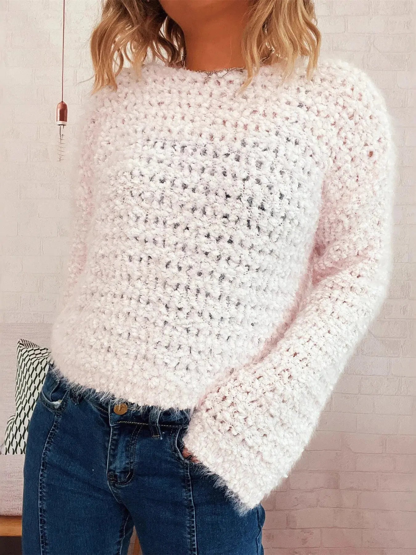 Crochet Dropped Shoulder Round Neck Sweater