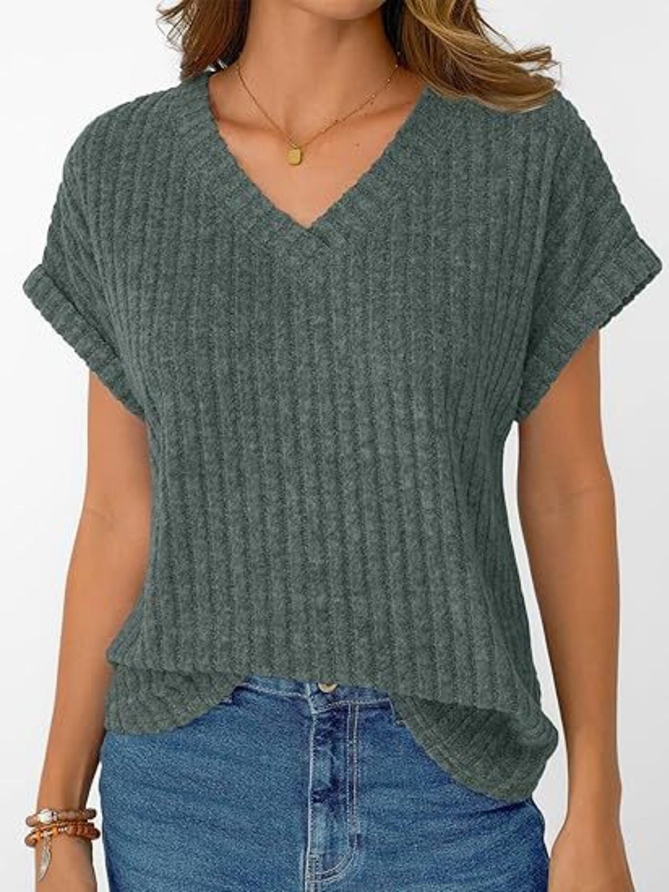Ribbed Knit V Neck Relaxed Fit T Shirt