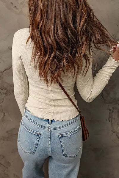 Waffle-Knit Half Snap Long Sleeve T Shirt