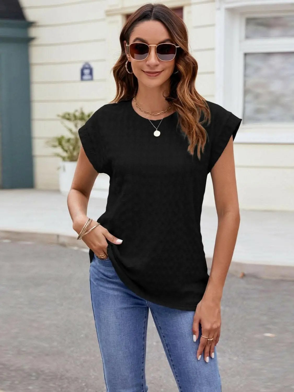 T-Shirts Trendsi just arrived - Textured cap sleeve t-shirt