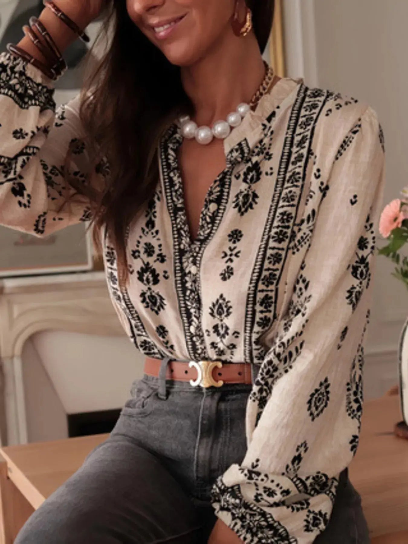 Printed Long Sleeve Boho Blouse