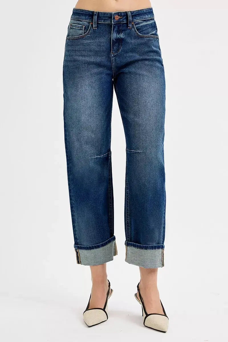 RISEN Jeans - Slouchy Crop Barrel Cuffed Jeans in Dark Wash