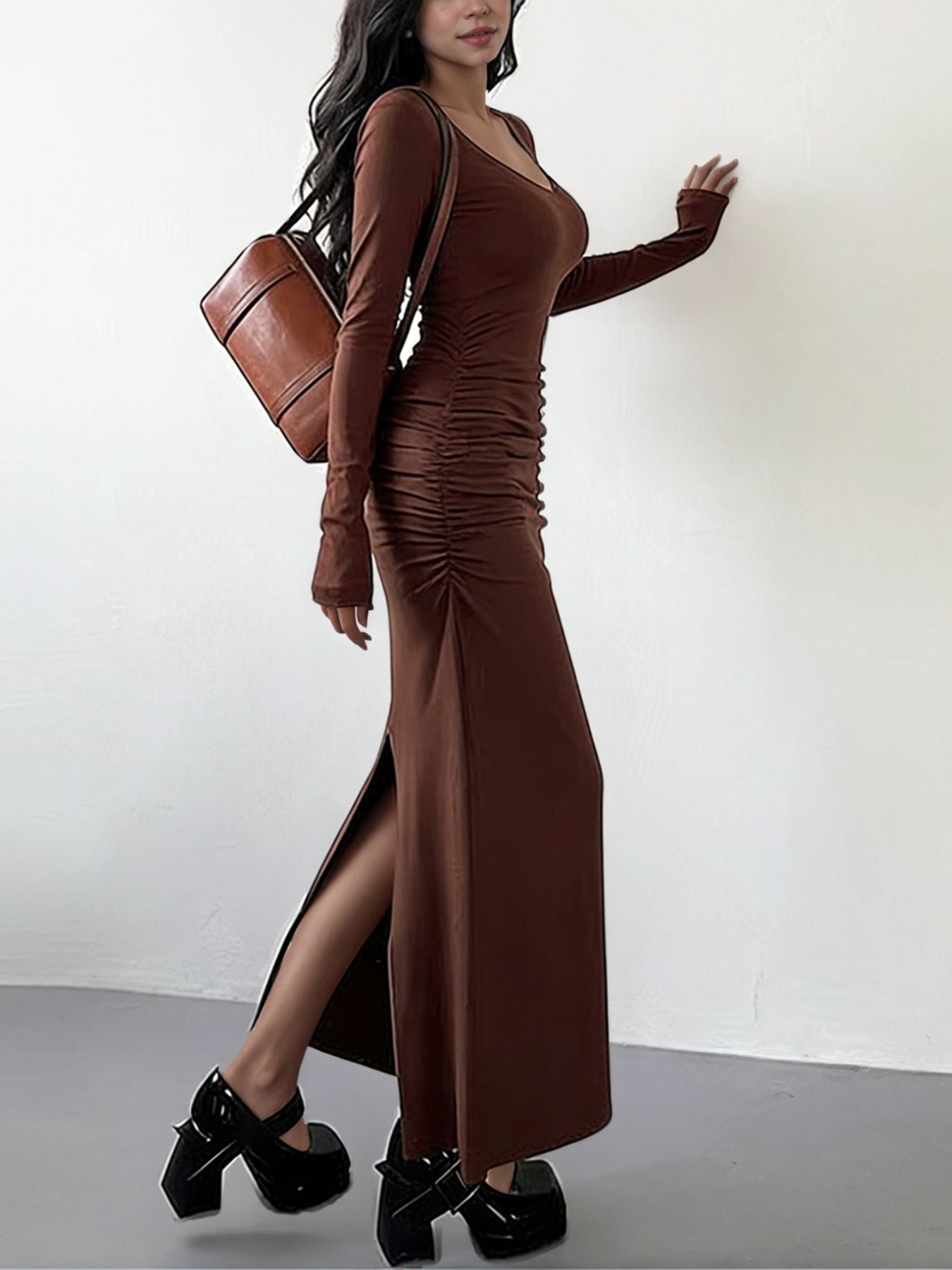 Ruched Slit Long Sleeve Bodycon Maxi Dress
