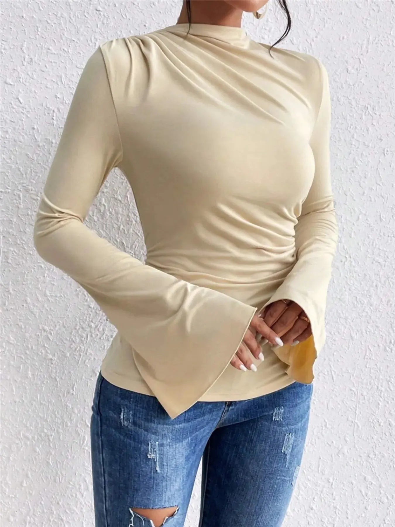 Bell Sleeve Fitted Ruched T Shirt with Mock Neck