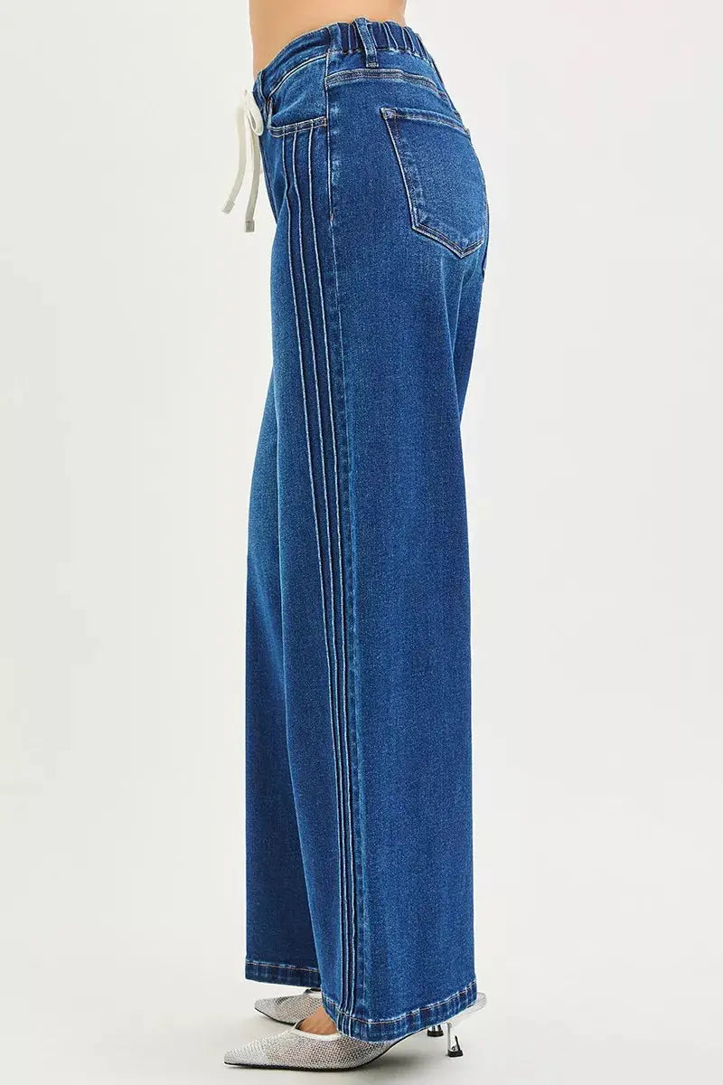 RISEN Jeans - Full Size Mid Rise Wide Side Pintuck Jeans with Front Drawstring