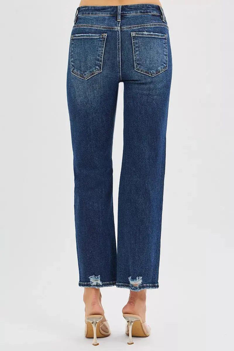 High Rise Crop Slim Straight RISEN Jeans with Hidden Knee Patch