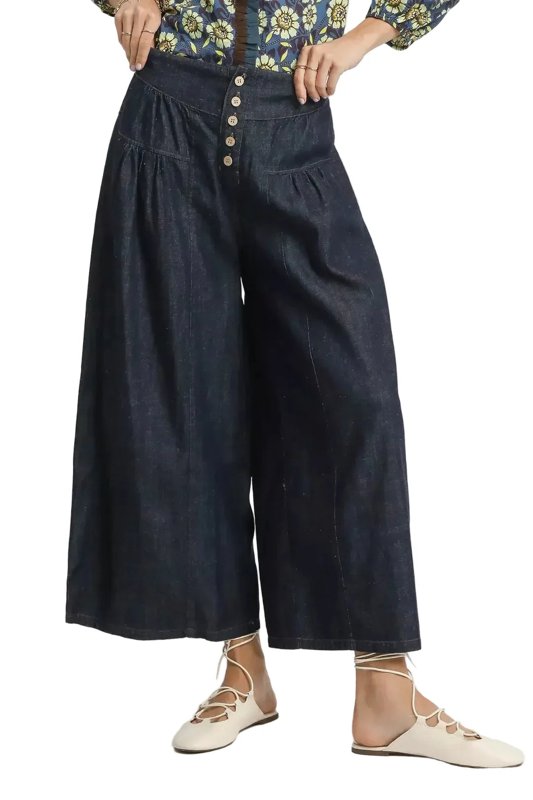 Dark Blue Stone Washed Wide-Leg Button-Front Culottes