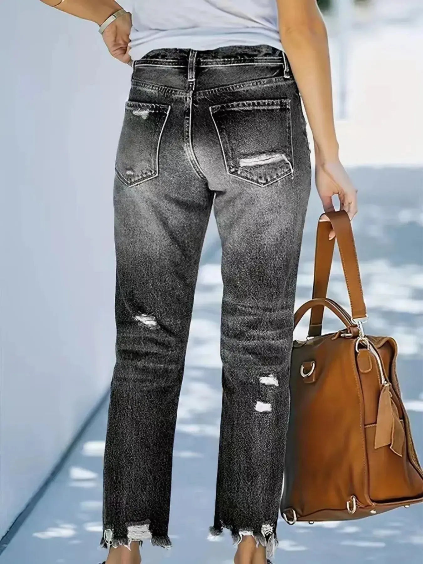 Distressed Straight Leg Jeans with Raw Hems