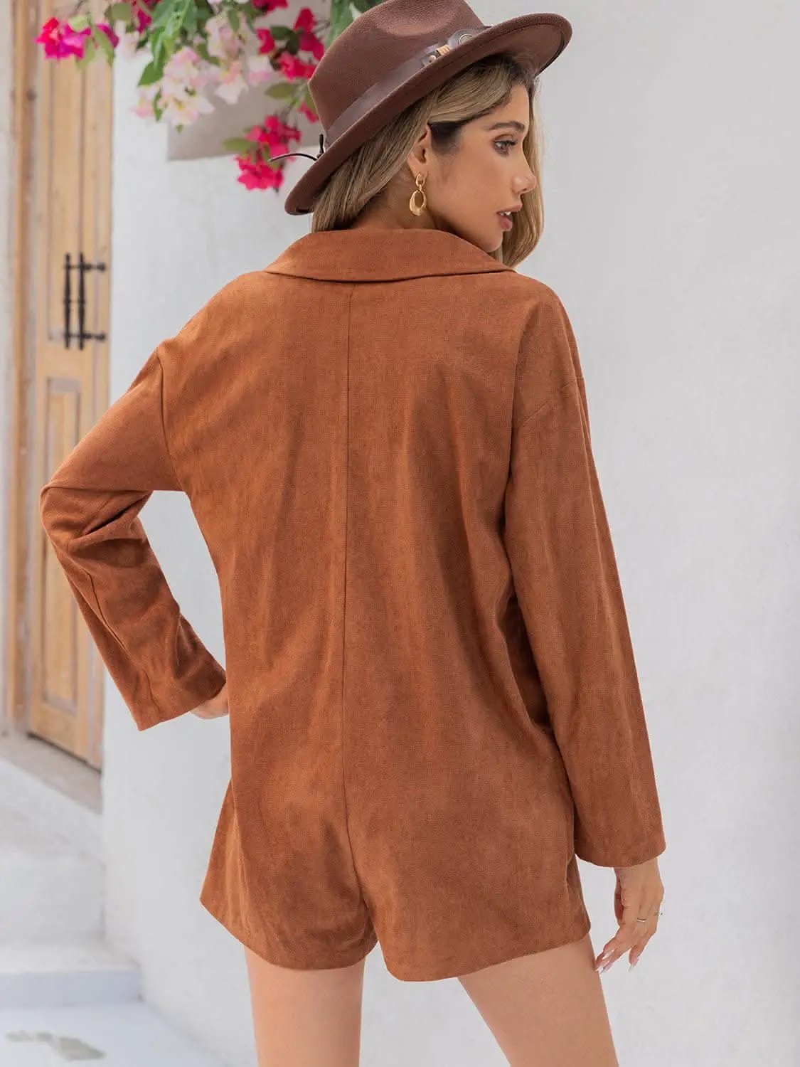 Lapel Collar Long Sleeve Romper | Trendsi Caramel