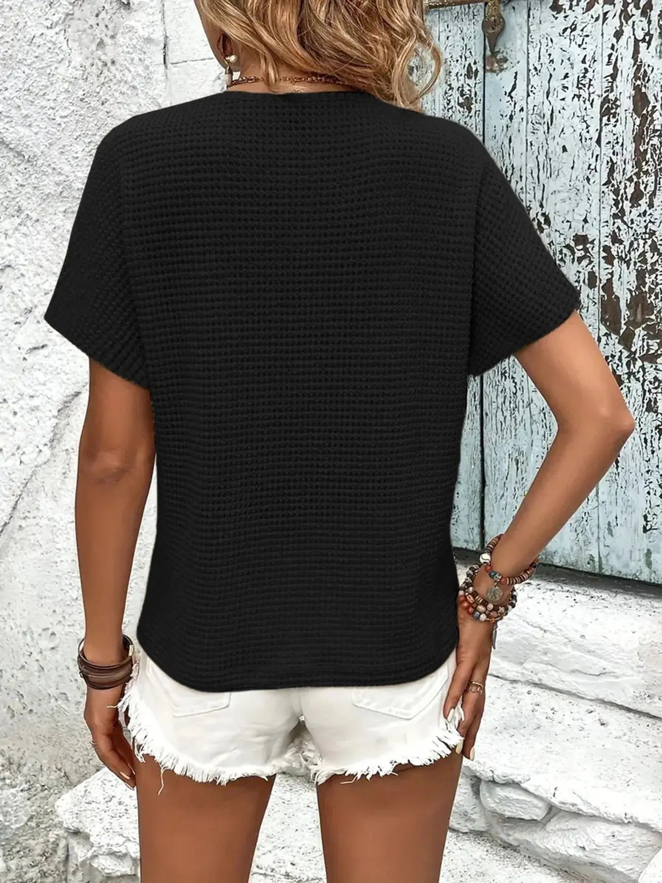 Textured Knit Womens V Neck T Shirt