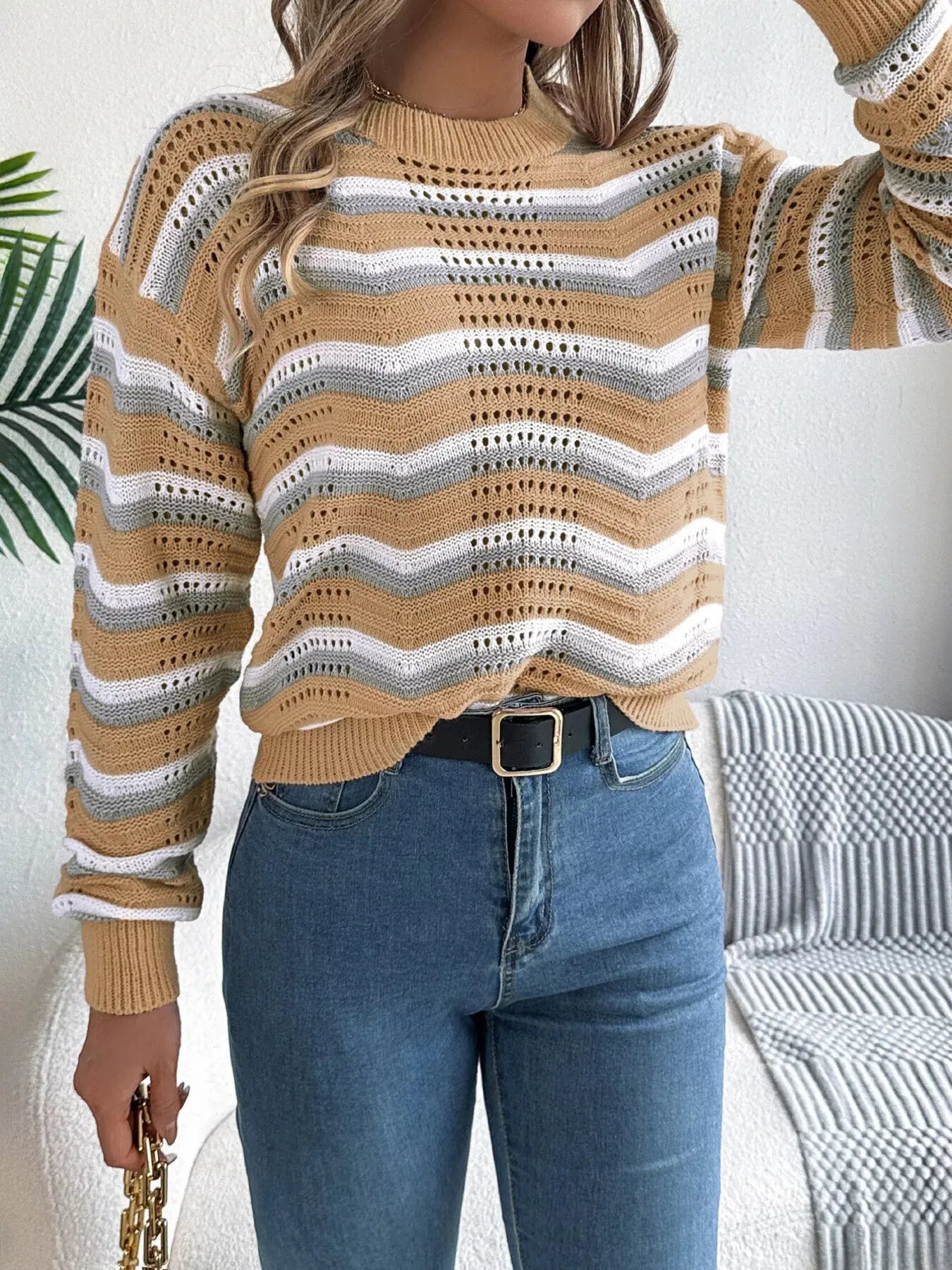Round Neck Striped Long Sleeve Sweater