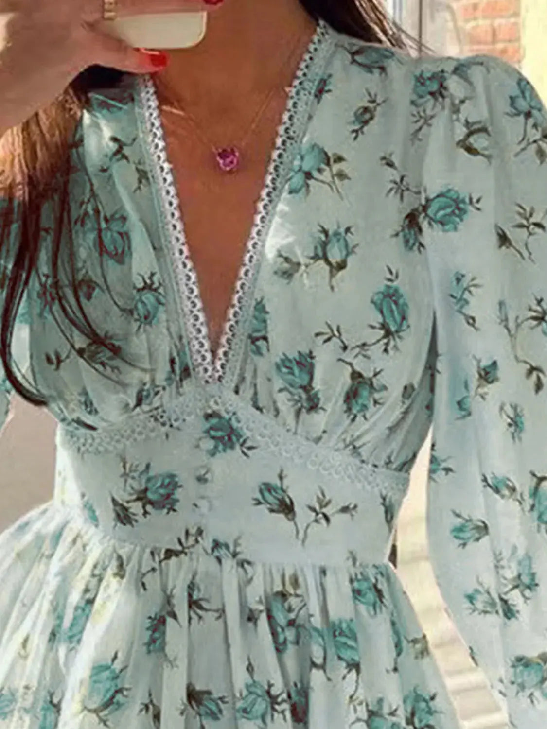 Lace Detail V Neck Balloon Sleeve Dress