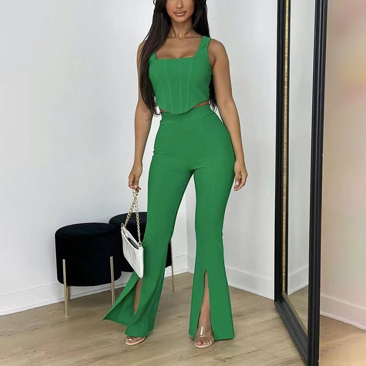 Summer Pants Suit Solid Color Office Sleeveless Vest Split Trousers Casual Two Suits
