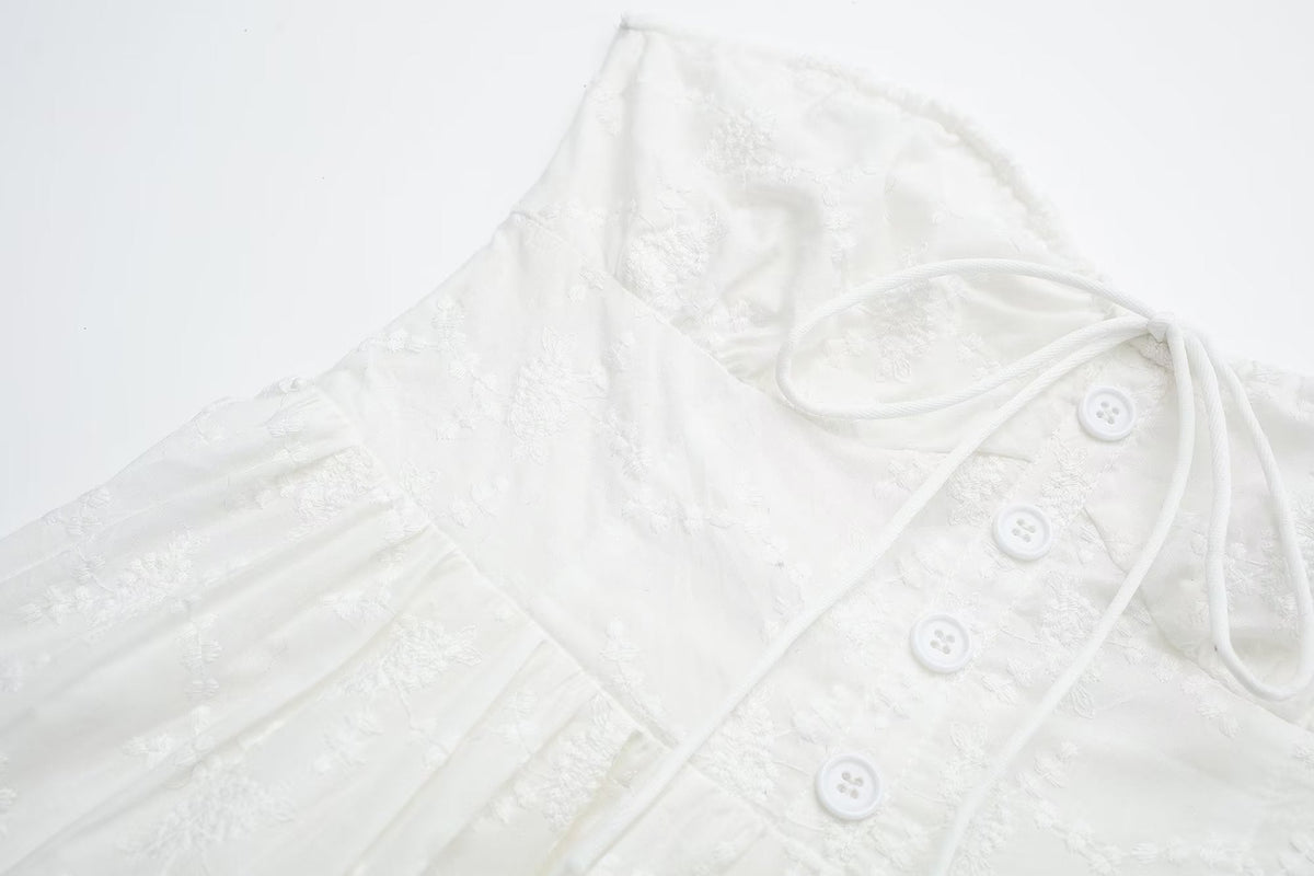 Pure Dignified White Dress Summer Lady Square Collar Mid Length Dress Women