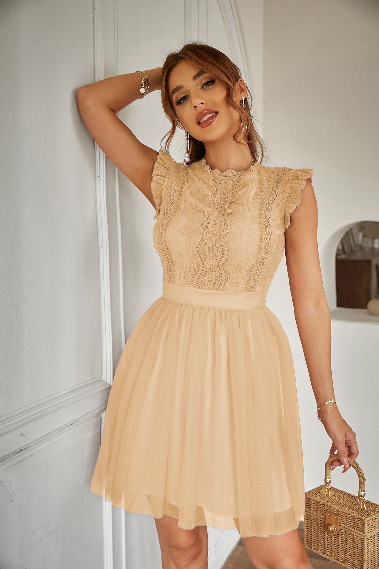 Women Summer Lace Tulle Short Sleeve Round Neck Elegant Dress