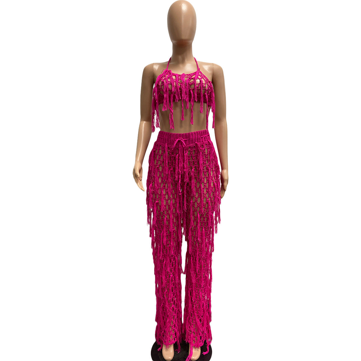 Sexy See through Knitted Hand Crochet Tassel Beach Suit